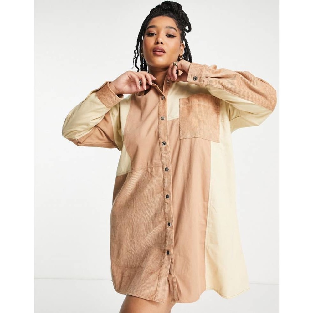ASOS DESIGN Curve cord oversized mini shirt dress in patchwork beige tones